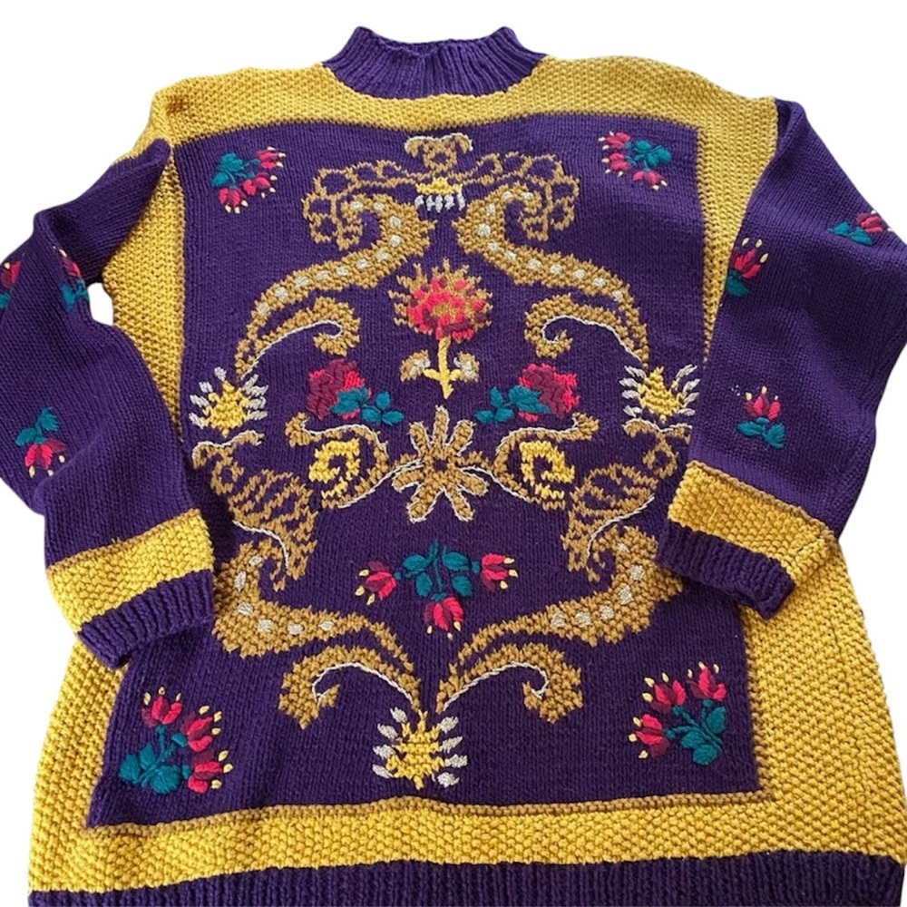Vintage 90s Chunky Knit Colorful Sweater Purple Gold Embroidered Flowers